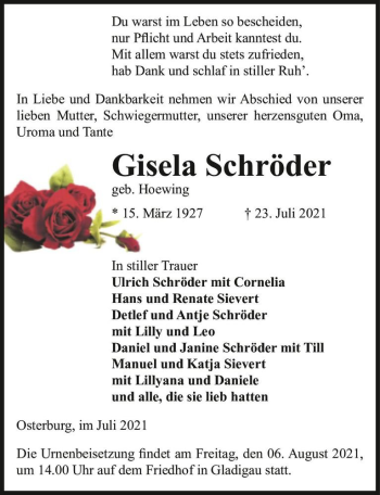 Traueranzeige von Gisela Schröder (geb. Hoewing)  von Magdeburger Volksstimme