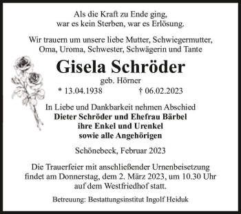 Traueranzeige von Gisela Schröder (geb. Hörner)  von Magdeburger Volksstimme