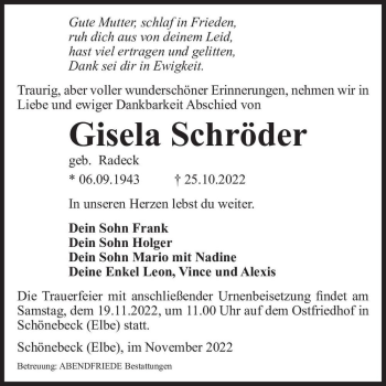Traueranzeige von Gisela Schröder (geb. Radeck)  von Magdeburger Volksstimme