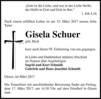 Traueranzeige von Gisela Schuer (geb. Heck)  von Magdeburger Volksstimme