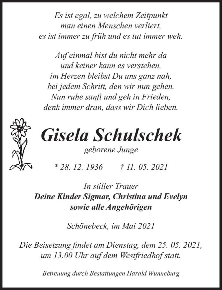 Traueranzeige für Gisela Schulschek (geb. Junge)  vom 22.05.2021 aus Magdeburger Volksstimme