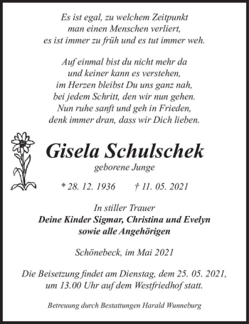 Traueranzeige von Gisela Schulschek (geb. Junge)  von Magdeburger Volksstimme