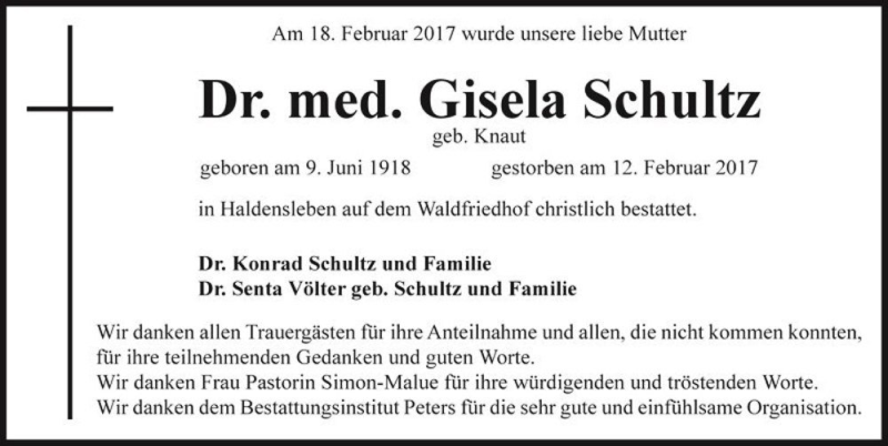  Traueranzeige für Gisela Schultz (geb. Knaut)  vom 25.02.2017 aus Magdeburger Volksstimme