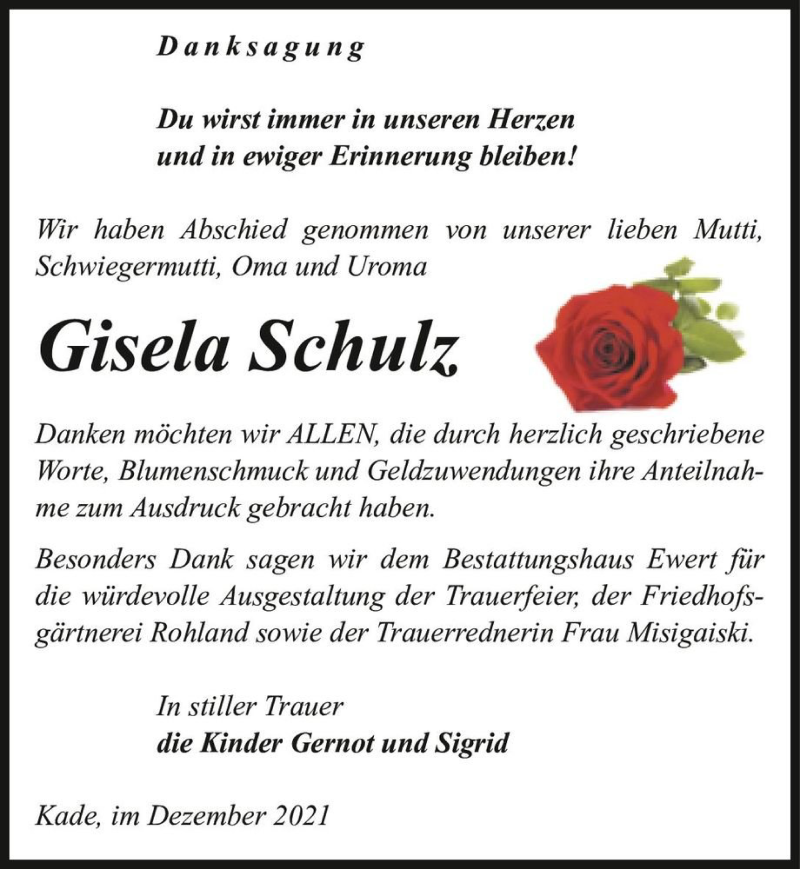  Traueranzeige für Gisela Schulz  vom 18.12.2021 aus Magdeburger Volksstimme