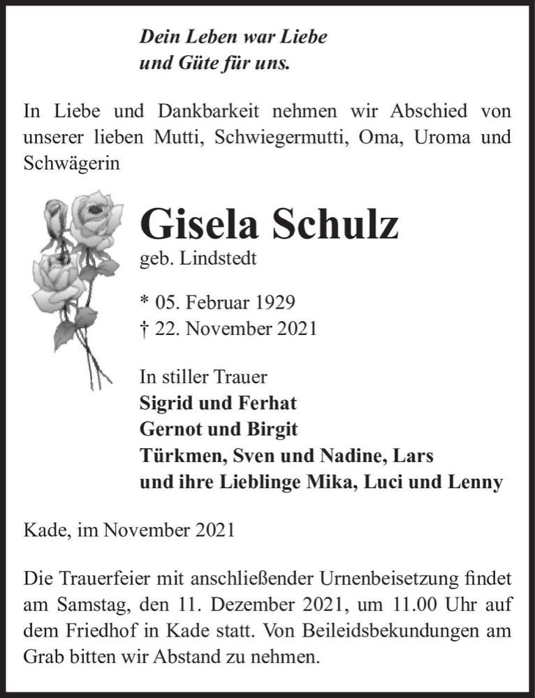  Traueranzeige für Gisela Schulz (geb. Lindstedt)  vom 27.11.2021 aus Magdeburger Volksstimme
