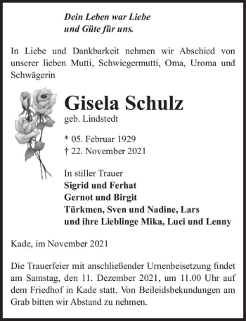Traueranzeige von Gisela Schulz (geb. Lindstedt)  von Magdeburger Volksstimme