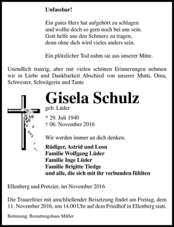 Traueranzeige von Gisela Schulz (geb. Lüder)  von Magdeburger Volksstimme