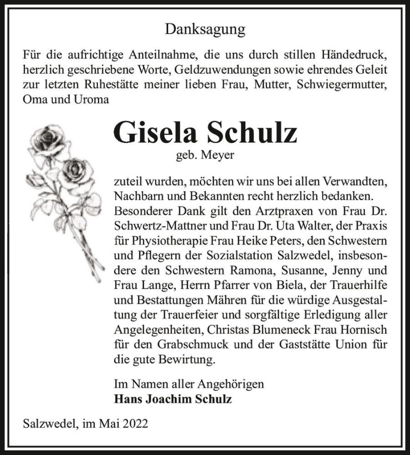  Traueranzeige für Gisela Schulz (geb. Meyer)  vom 03.06.2022 aus Magdeburger Volksstimme