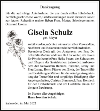 Traueranzeige von Gisela Schulz (geb. Meyer)  von Magdeburger Volksstimme