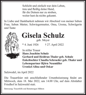 Traueranzeige von Gisela Schulz (geb. Meyer)  von Magdeburger Volksstimme