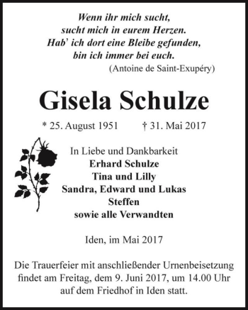 Traueranzeige von Gisela Schulze  von Magdeburger Volksstimme