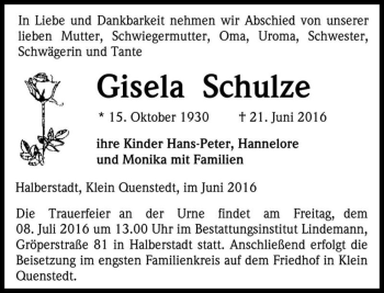 Traueranzeige von Gisela Schulze  von Magdeburger Volksstimme