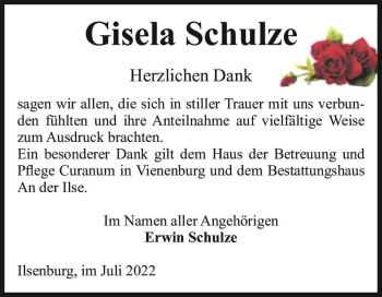 Traueranzeige von Gisela Schulze  von Magdeburger Volksstimme