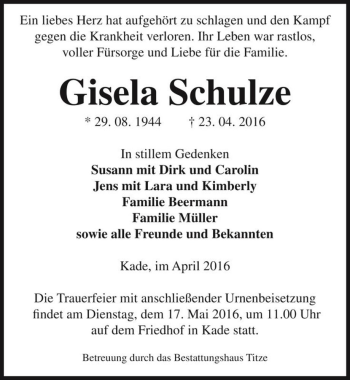 Traueranzeige von Gisela Schulze  von Magdeburger Volksstimme