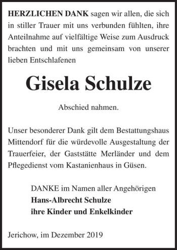 Traueranzeige von Gisela Schulze  von Magdeburger Volksstimme