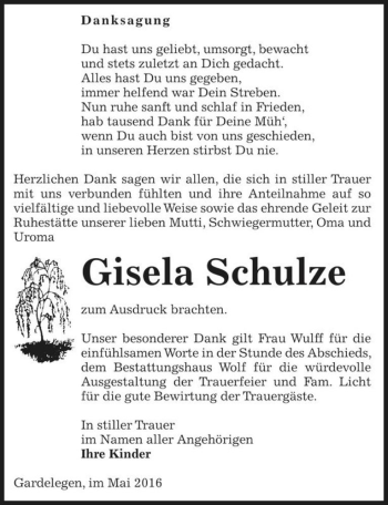 Traueranzeige von Gisela Schulze  von Magdeburger Volksstimme