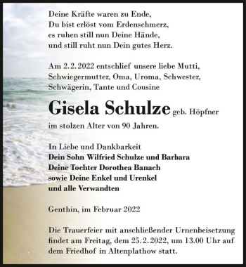 Traueranzeige von Gisela Schulze (geb. Höpfner)  von Magdeburger Volksstimme