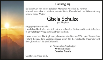 Traueranzeige von Gisela Schulze (geb. Höpfner)  von Magdeburger Volksstimme