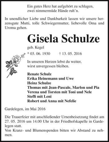 Traueranzeige von Gisela Schulze (geb. Kegel)  von Magdeburger Volksstimme