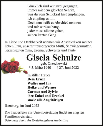 Traueranzeige von Gisela Schulze (geb. Orzechowski)  von Magdeburger Volksstimme