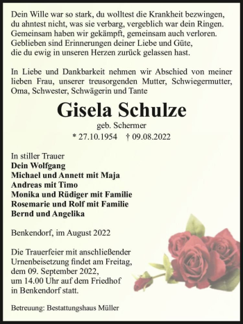 Traueranzeige von Gisela Schulze (geb. Schermer)  von Magdeburger Volksstimme