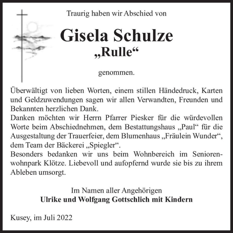  Traueranzeige für Gisela Schulze „Rulle“  vom 07.07.2022 aus Magdeburger Volksstimme