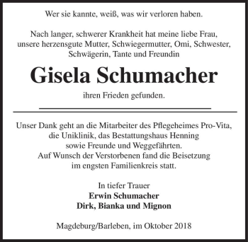 Traueranzeige von Gisela Schumacher  von Magdeburger Volksstimme