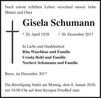 Traueranzeige von Gisela Schumann  von Magdeburger Volksstimme