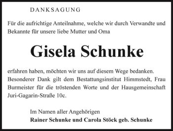 Traueranzeige von Gisela Schunke  von Magdeburger Volksstimme
