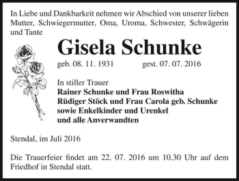 Traueranzeige von Gisela Schunke  von Magdeburger Volksstimme