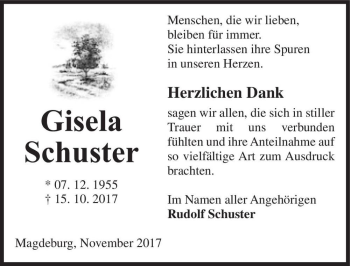 Traueranzeige von Gisela Schuster  von Magdeburger Volksstimme