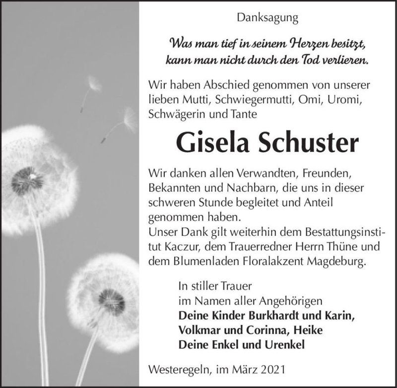  Traueranzeige für Gisela Schuster  vom 31.03.2021 aus Magdeburger Volksstimme