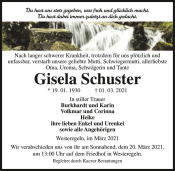 Traueranzeige von Gisela Schuster  von Magdeburger Volksstimme