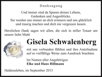 Traueranzeige von Gisela Schwalenberg  von Magdeburger Volksstimme