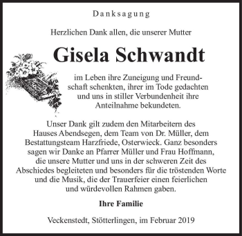 Traueranzeige von Gisela Schwandt  von Magdeburger Volksstimme