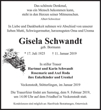 Traueranzeige von Gisela Schwandt (geb. Bormann)  von Magdeburger Volksstimme