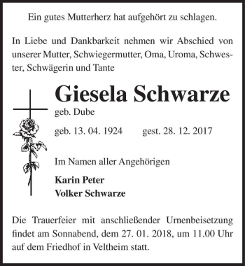 Traueranzeige von Gisela Schwarze (geb. Dube)  von Magdeburger Volksstimme