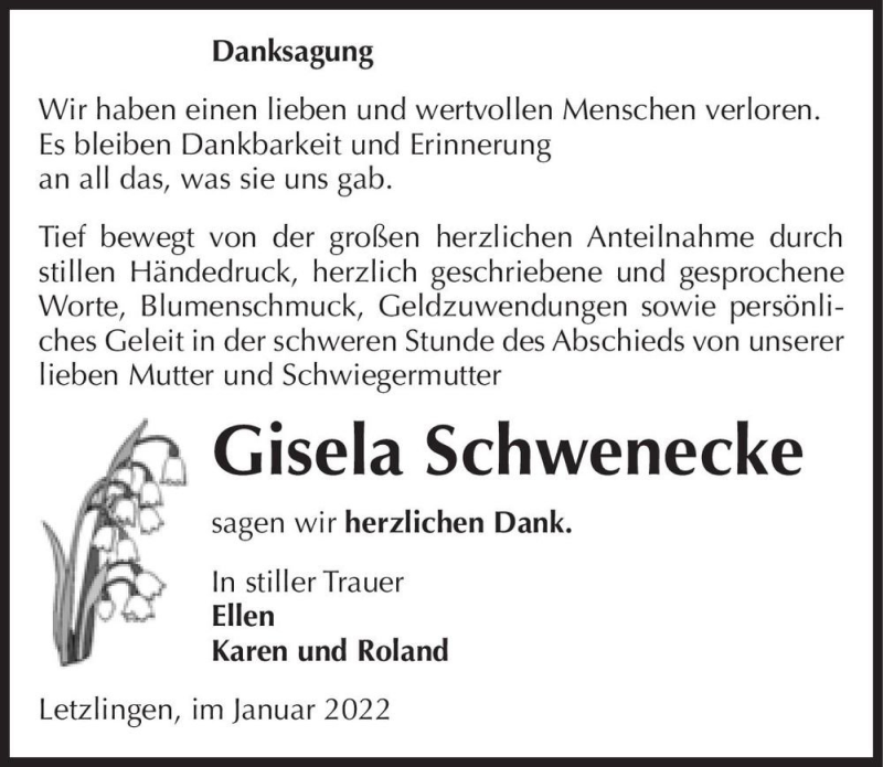  Traueranzeige für Gisela Schwenecke  vom 13.01.2022 aus Magdeburger Volksstimme