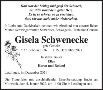 Traueranzeige von Gisela Schwenecke (geb. Gericke)  von Magdeburger Volksstimme