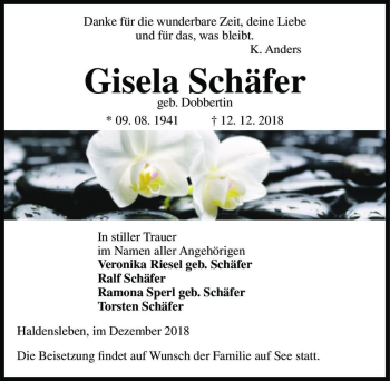 Traueranzeige von Gisela Schäfer (geb. Dobbertin)  von Magdeburger Volksstimme