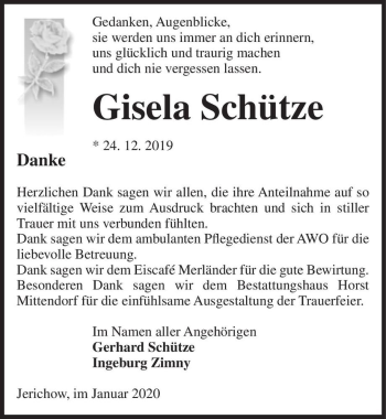Traueranzeige von Gisela Schütze  von Magdeburger Volksstimme