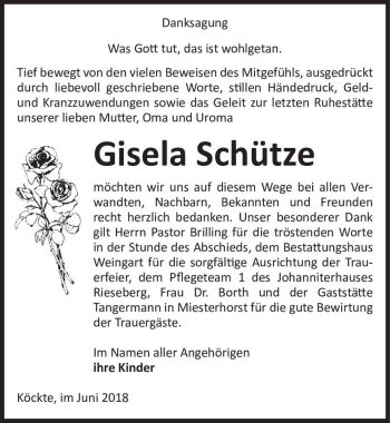 Traueranzeige von Gisela Schütze  von Magdeburger Volksstimme