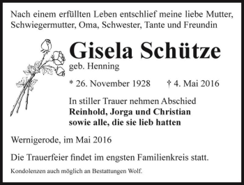 Traueranzeige von Gisela Schütze (geb. Henning)  von Magdeburger Volksstimme