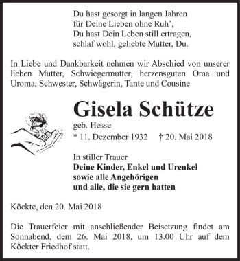 Traueranzeige von Gisela Schütze (geb. Hesse)  von Magdeburger Volksstimme