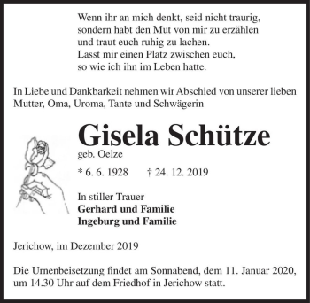 Traueranzeige von Gisela Schütze (geb. Oelze)  von Magdeburger Volksstimme