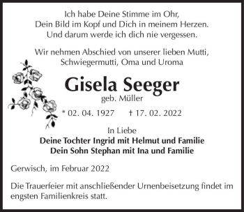Traueranzeige von Gisela Seeger (geb. Müller)  von Magdeburger Volksstimme