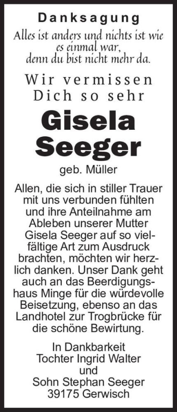 Traueranzeige von Gisela Seeger (geb. Müller)  von Magdeburger Volksstimme