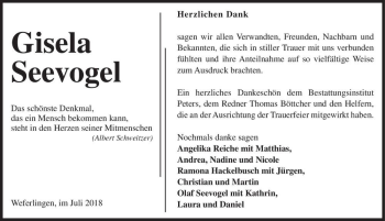 Traueranzeige von Gisela Seevogel  von Magdeburger Volksstimme