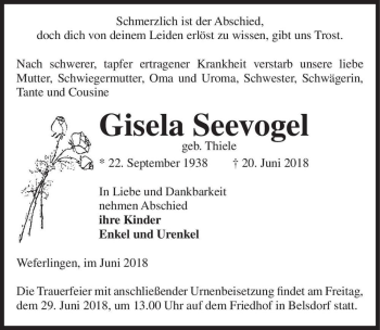 Traueranzeige von Gisela Seevogel (geb. Thiele)  von Magdeburger Volksstimme