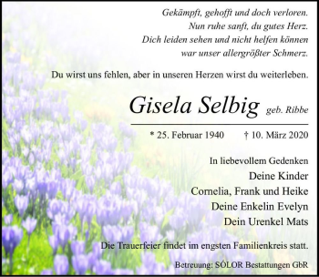 Traueranzeige von Gisela Selbig (geb. Ribbe)  von Magdeburger Volksstimme